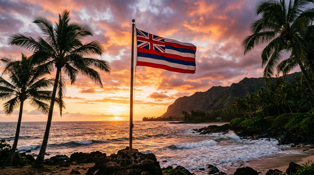 Hawaiian flag flying on a pole by the ocean at sunset with palm trees and mountains
