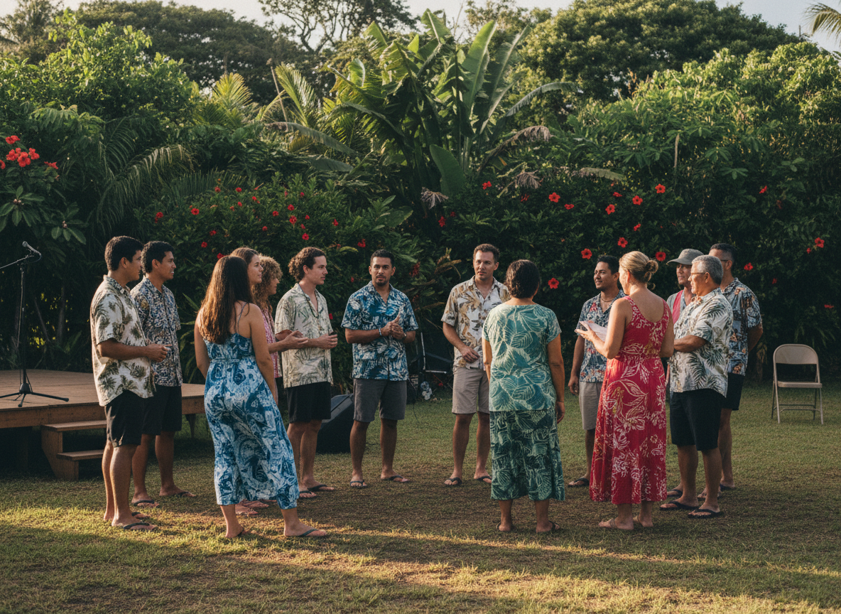 Warm documentary-style photograph of a diverse group of Hawaiian community members gathered outdoors in conversation at a local town meeting, natural sunlight, tropical greenery in the background, authentic and grounded, civic engagement mood.